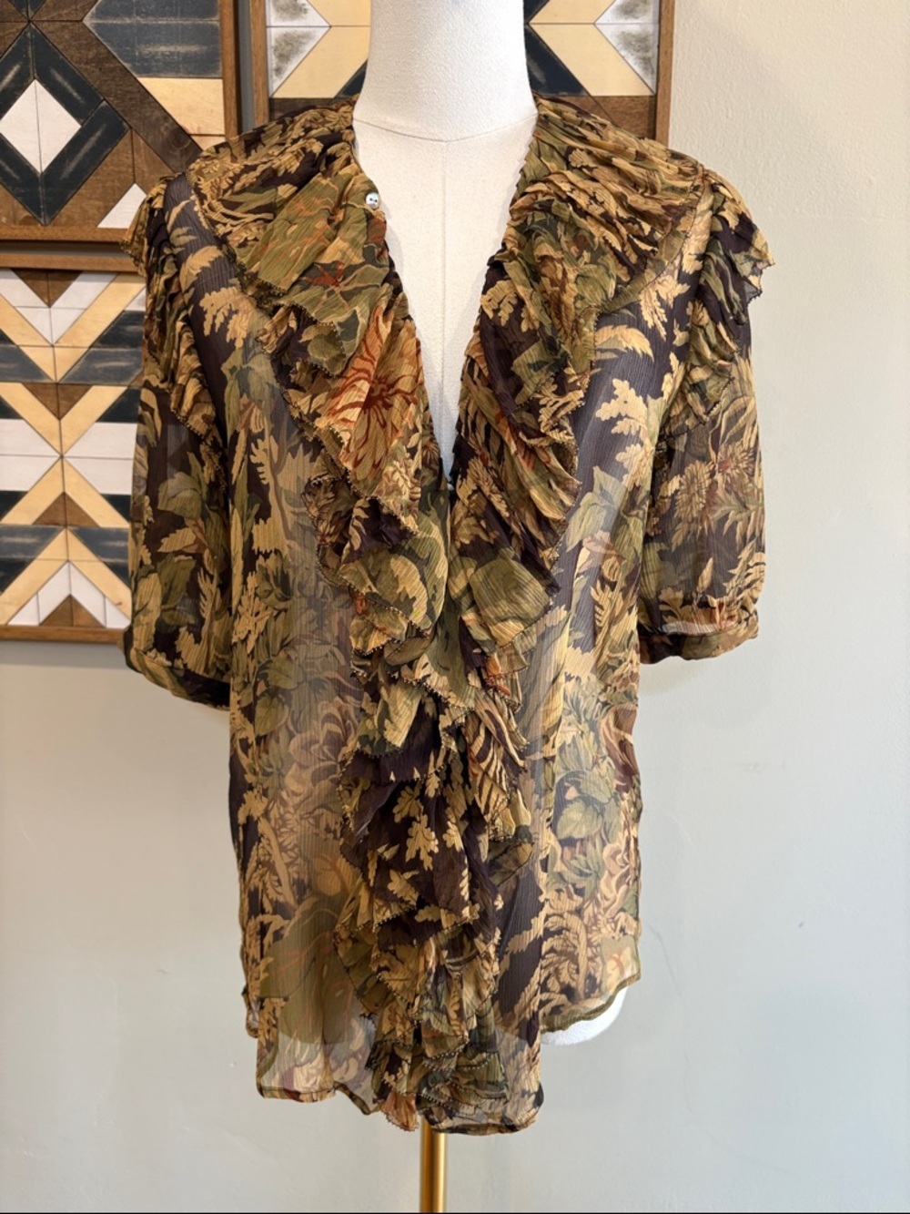 Vintage Ralph Lauren Silk Floral Sheer Ruffle Blouse size 10 - Picture 8 of 13